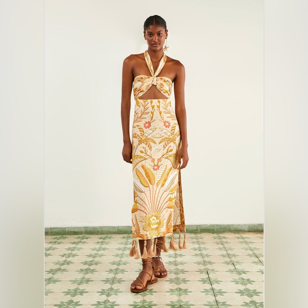 FARM Rio Cream and Gold Floral Halter Midi Dress